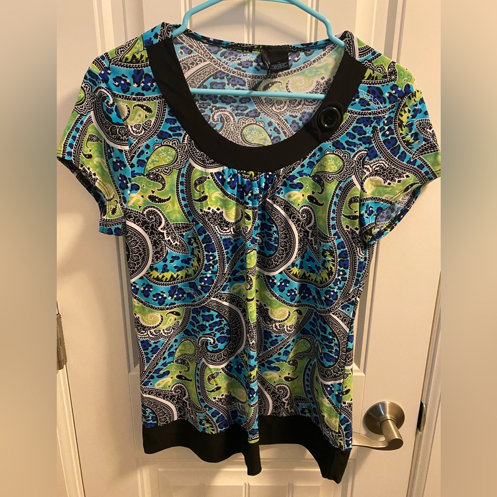 Saint Tropez West L Blouse Stretch Short Sleeve Lg Top Large Shirt Paisley